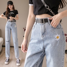 Jeans spring thin section embroidery small daisy jeans female straight loose loose high waist was thin old pants
