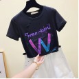 Bronzing cotton T-shirt female short-sleeved European goods pink summer new slim slimming jacket fashion