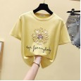 Summer new beaded round neck small daisy short-sleeved T-shirt women's bottoming shirt white ride on top tide