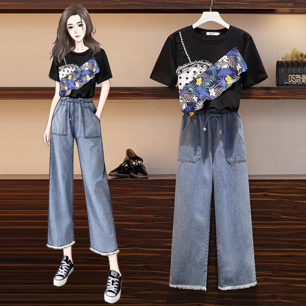 New summer age-reduced foreign casual short-sleeved elastic waist wide-leg pants mm large size female suit tide