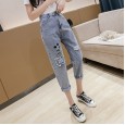 Summer new cartoon embroidered thin jeans women loose and versatile age-reduced holes nine points harem pants tide