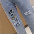 Summer new cartoon embroidered thin jeans women loose and versatile age-reduced holes nine points harem pants tide