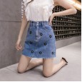 Summer new heavy industry embroidered small daisy denim skirt small A-line skirt short skirt female tide