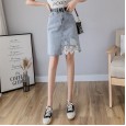 Denim skirt women's new spring and summer fashion temperament lace high waist hole irregular wrap hip step skirt