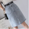 Denim skirt women's new spring and summer fashion temperament lace high waist hole irregular wrap hip step skirt
