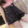 Summer new fashion beaded high waist was thin and versatile irregular hole rough edge denim shorts female