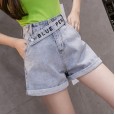 Spring and summer new denim shorts women summer embroidered high waist raw denim shorts loose thin wide leg pants