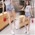 Shorts women summer new hot pants nail bead printing personality fashion frayed a word high waist jeans