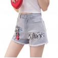 Shorts women summer new hot pants nail bead printing personality fashion frayed a word high waist jeans