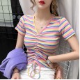 High waist rainbow striped t-shirt female summer tight drawstring slim v-neck exposed navel short-sleeved color short top