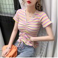 High waist rainbow striped t-shirt female summer tight drawstring slim v-neck exposed navel short-sleeved color short top