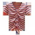 High waist rainbow striped t-shirt female summer tight drawstring slim v-neck exposed navel short-sleeved color short top