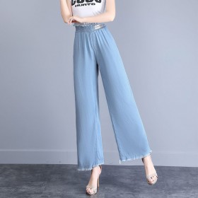 Wide-leg pants women's high waist drape summer thin section Tencel jeans elastic waist cover was thin straight straight nine-point pants tide