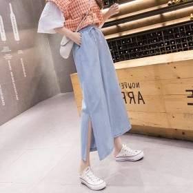 Thin section Tencel high waist was thin split jeans jeans wide legs nine points wind pants female super fire summer