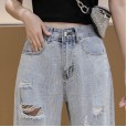 Ripped jeans women's summer thin section heavy industry hot diamond loose wide leg straight radish  pants