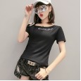 Off-shoulder t-shirt women's new fashion embroidered hot rhinestone short-sleeved wild tide brand shirt shirt summer