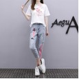 Summer women's new sequins little swan short-sleeved T-shirt printed jeans two-piece suit women