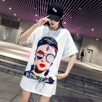 Summer style new personality short-sleeved t-shirt women loose large version of the long cartoon bottom missing shirt