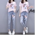 New female fashion ripped jeans suit female summer loose short sleeve t-shirt two pieces