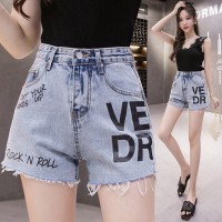 Summer new wild personality letter printing loose high waist was thin hairy wide leg denim shorts women
