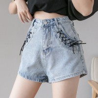 Summer new tide design feels thin drawstring shorts high waist denim shorts female lace wide leg pants