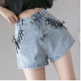 Summer new tide design feels thin drawstring shorts high waist denim shorts female lace wide leg pants