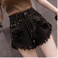 Summer new wide leg rivet ripped tassel jeans high waist was thin women's raw shorts tide
