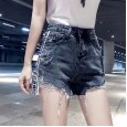 Spring and summer retro slim black pants irregular denim shorts female ripped wide-leg hot pants