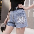 High waist jeans women's spring clothes new fashion sequins were thin raw edge shorts a word wide leg pants