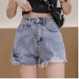 Real shot casual tooling denim shorts female summer new loose loose thin pockets raw edge wide leg pants hot pants