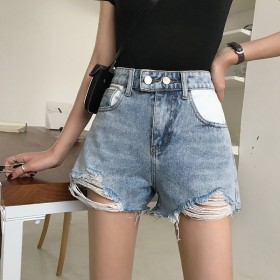 Summer style plus size loose wild edge ripped hole washed denim shorts women