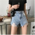 Summer style plus size loose wild edge ripped hole washed denim shorts women