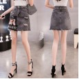 High waist smoke gray denim short skirt tide spring and summer new lace stitching set diamond A word bag hip skirt female
