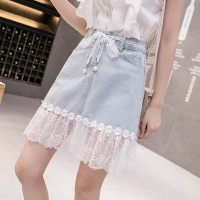 Mesh stitching denim skirt female spring new lace lace bag hip A sub skirt female