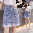 High waist denim skirt women spring and autumn new fashion breasted lace stitching lace bag hip skirt