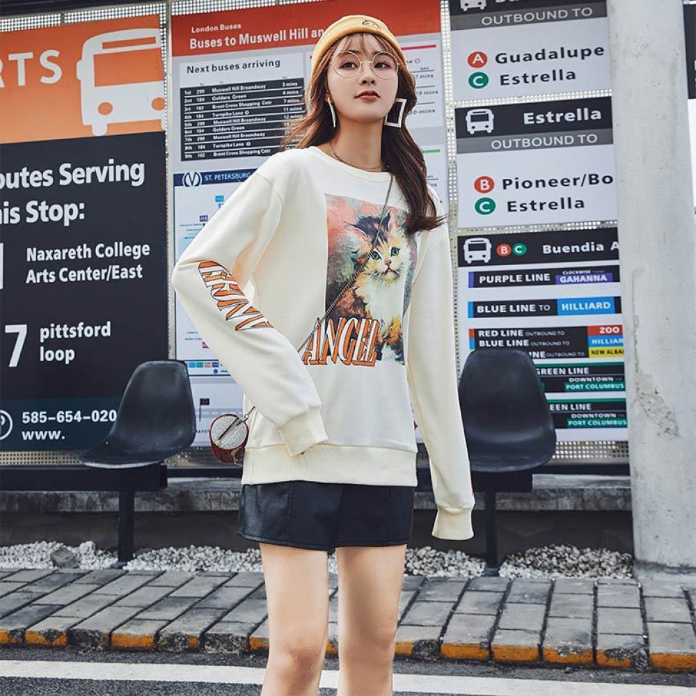 Fine cotton cat sweater women loose long-sleeved spring new women's cute fresh women's tops