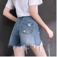 New Women's High Waist Loose Hole A-shaped Irregular Raw Edge Trousers Hot Pants Denim Shorts Female Summer