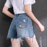 New Women's High Waist Loose Hole A-shaped Irregular Raw Edge Trousers Hot Pants Denim Shorts Female Summer