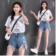 New Women's High Waist Loose Hole A-shaped Irregular Raw Edge Trousers Hot Pants Denim Shorts Female Summer
