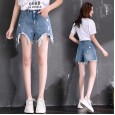 New Women's High Waist Loose Hole A-shaped Irregular Raw Edge Trousers Hot Pants Denim Shorts Female Summer