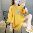 Summer new loose large size women's mid-length printed shirt solid color round neck short sleeve T-shirt female