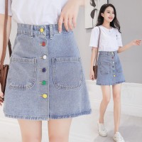 Real shot rainbow buckle denim skirt female spring and summer new high waist was thin wild skirt A-line skirt