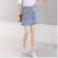 Real shot rainbow buckle denim skirt female spring and summer new high waist was thin wild skirt A-line skirt