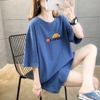 Summer new basic large size women's mid-length solid color printed jacket round neck short sleeve t-shirt female