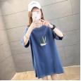 Mid-length plus size women's summer new solid color printed jacket round neck short sleeve T-shirt women