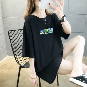 Solid color printed round neck short-sleeved T-shirt female summer new large size women's loose student ladies tops
