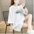 Solid color printed round neck short-sleeved T-shirt female summer new large size women's loose student ladies tops